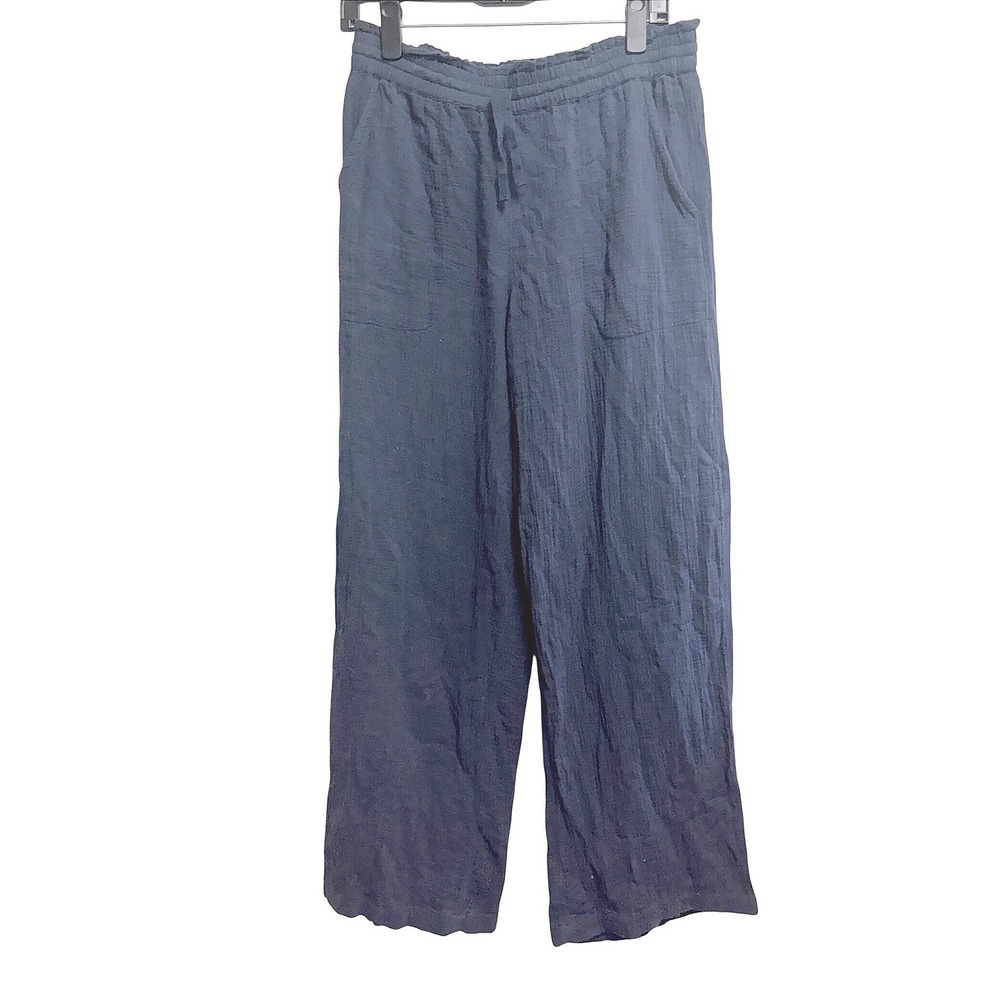 Garnet Hill Cotton Gauze Beachy Navy Blue Wide Leg Pants Drawstring Small